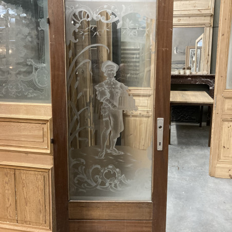 Belle porte ancienne en bois avec verre gravé