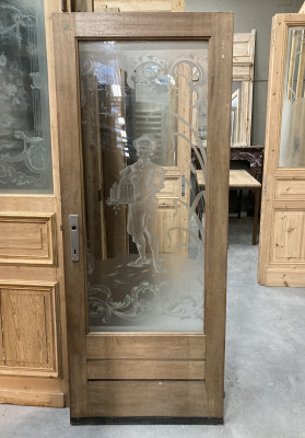 Belle porte ancienne en bois avec verre gravé
