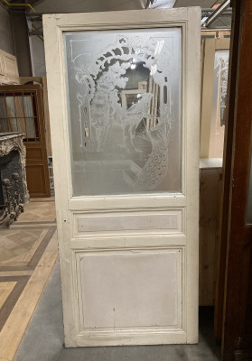 Double porte ancienne avec verre gravé scène de vie