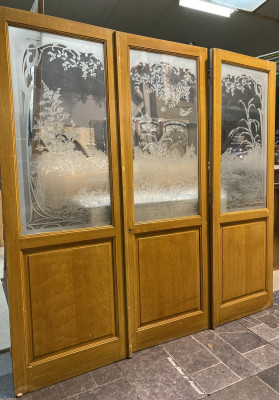 Triple porte ancienne bois avec verre gravé motif nature