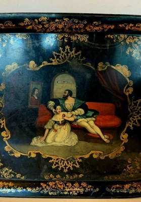 Plateau en tôle peinte Napoléon III Décor d'une scène romantique XIX siècle